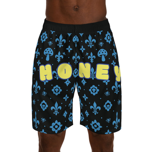 Men's "Hello Honey" Monogram Jogger Shorts (Blue)